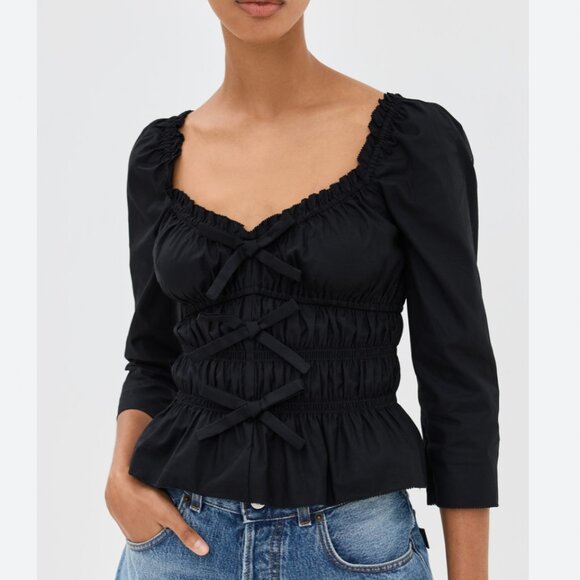 Reformation Black Lauryn Ruched Bow Blouse - Picture 1 of 9